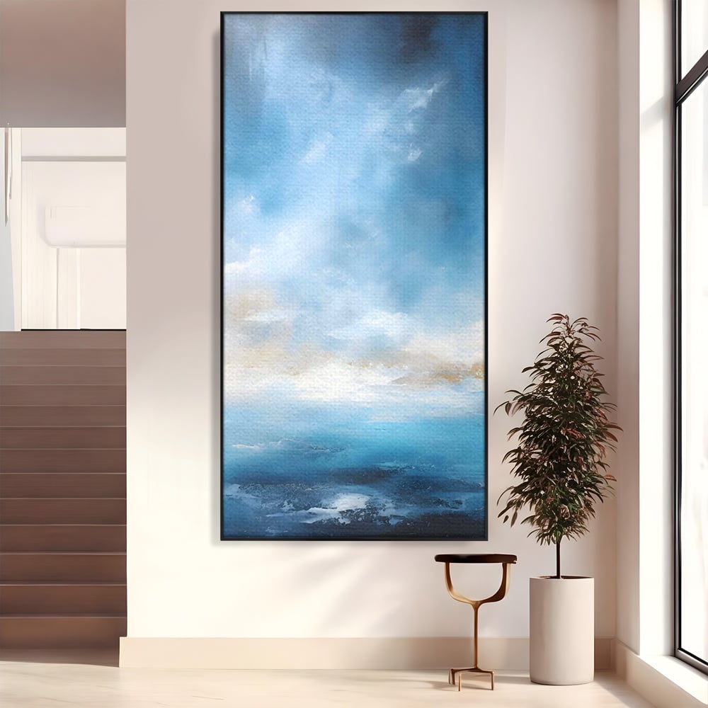 Tablou canvas cu tablou pictura abstracta cer si mare, in rama de aluminiu negru